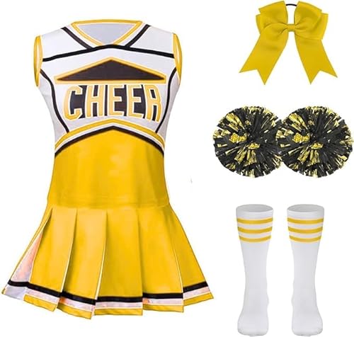 maxToonrain Klassische gelbe Cheerleading-Uniform für Kinder, 5-teiliges Set mit Pompons, Oberteil, Rock, Socken und Stirnband von maxToonrain