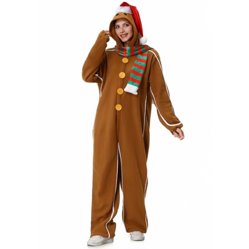 maxToonrain Lebkuchenmann-Kostüm, Einteiler, Unisex, Weihnachtsmannmütze, mit Kapuze, niedlicher Pyjama, Cosplay, Weihnachtskostüm, Verkleidung, Lebkuchen-Frauen-02, M von maxToonrain