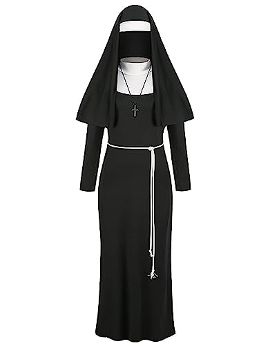 maxToonrain Nonnenkostüme für Damen, Halloween-Kostüme für Erwachsene, lustiger Cosplay-Party-Gürtel + goldfarbenes Kreuz + Kopfbedeckung, Nonnen-Outfit für Damen (A-Stil, Größe 2XL) von maxToonrain