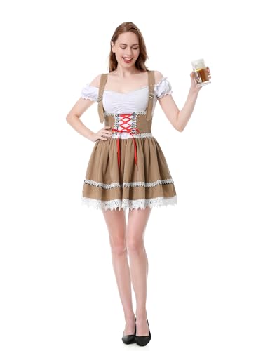 maxToonrain Oktoberfest-Outfit, bayerisches Damenkostüm, traditionelles Dirndlkleid, Midi-Shorts, Halloween-Kostüme, Verkleidung für Damen (Khaki, M) von maxToonrain