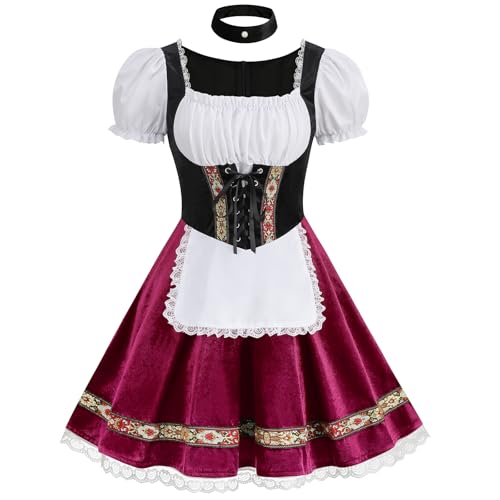 maxToonrain Oktoberfest-Outfit für Damen, Übergröße, traditionelles bayernisches Bier, traditionelles kurzärmeliges Samt, Halloween-Kostüm für Damen (Rot, M) von maxToonrain