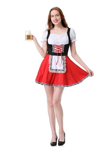 maxToonrain Oktoberfest-Outfit für Damen, deutsches Bier, bayerisches Kostüm, Halloween-Kostüm, traditionell, lustig, Puff, kurzärmelig, Kleider für Damen (Rot 02, S) von maxToonrain