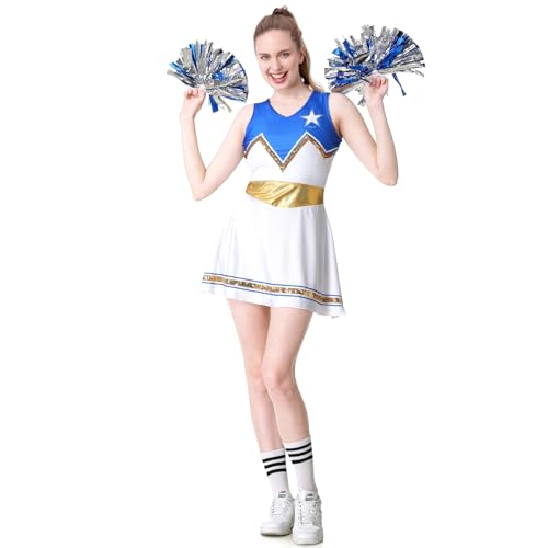 maxToonrain Pailletten-Cheerleader-Kostüm für Damen, High School, Mädchen, Outfit mit Zugring, Pompons, Erwachsenen-Uniform, Verkleidung (Blau und Weiß, Größe M) von maxToonrain