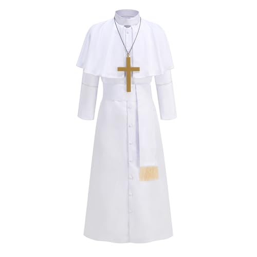 maxToonrain Priesterkostüm, Herren, Priester-Kostüm, klassisch, katholisch, schwarzer Mönch, Robe mit Schal und goldfarbenem Kreuz, Halloween-Vikar-Kostüme für Herren, Weiß, Größe M von maxToonrain