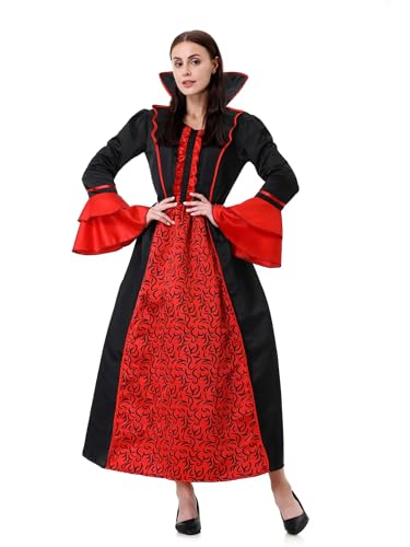 maxToonrain Vampir-Kostüm-Zubehör, Halloween-Kostüme, für Erwachsene, gruselig, klassisch, Gothic-Kleider, Deluxe-Dracula-Teufelskostüm, Outfits für Damen/Damen, Schwarz, Rot, Größe L von maxToonrain