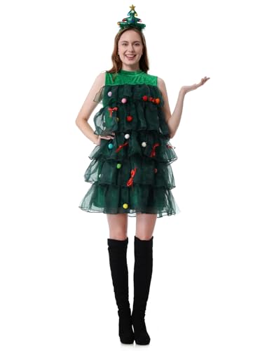 maxToonrain Weihnachtsbaum-Kostüm für Erwachsene, Damen, Weihnachts-Kostüm, lustige Neuheit, grüne Samtkleider + Stirnbänder, baumförmiges Bühnenzubehör für Party (Grün, L) von maxToonrain