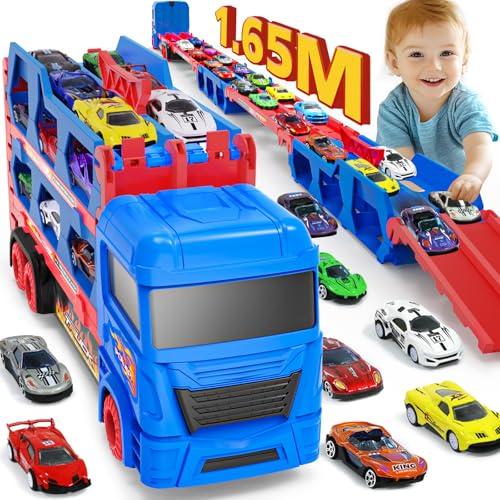 maysida Transport Truck Spielzeugautos für Jungen 3, 4, 5, 6 Jahren, 165cm&Faltbare Rennbahn Truck mit 10 Autos Spielzeug-4 Rückziehautos&6 Rennautos, Transporter Spielzeug-Kinder Geschenke für jungen von maysida