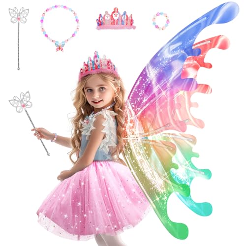 Elektrischen Flügel mit Prinzessinnenkleid für Mädchen, Light Up Moving Schmetterlingsflügel Kinder mit LED Light&Music, Prinzessin Cosplay Kostüm mit Krone/Zauberstab/Armbänder/Halsketten Feen Flügel von maysida