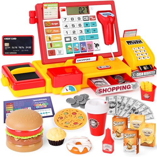 Kinderkasse Registrierkasse Spielzeug Lernspielzeug Set Geschenk für Kinder ab 3, Rollenspiel Spielzeug mit Fastfood-Burger/Musik/Scanner/Kreditkarte/Spielgeld/Mikrofon von maysida