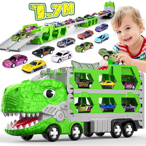 maysida Dino Transporter Truck mit 6 Autos für Jungen von 3 4 5 6 7 Jahren, Dinosaurier Transport Truck Spielzeugautos-Ejection Folding Portable Dinosaur Race Track Truck Toy Car mit 170cm Rennstrecke von maysida