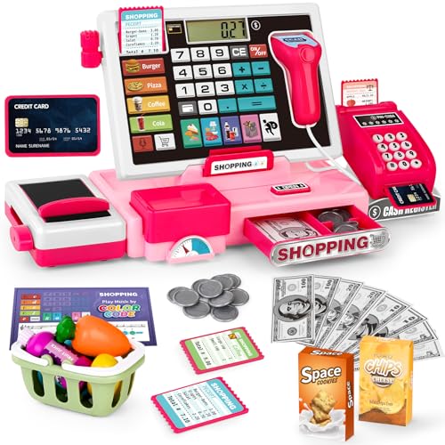 maysida Kinder Registrierkasse Spielzeug Playset, Kleinkind Prentend Play Store mit echtem Taschenrechner Registrierkasse mit Scanner/Kreditkarte/Spielgeld/Lebensmittel(Rosa) von maysida