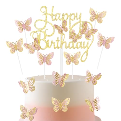 13 Stück Schmetterling Happy Birthday Cake Toppers Gold Pink Schmetterling Kuchen Topper für Kuchen Glitzer Schmetterling Kuchen Dekorationen Schmetterling Thema Kuchen Cupcake Topper für Mädchen von mciskin