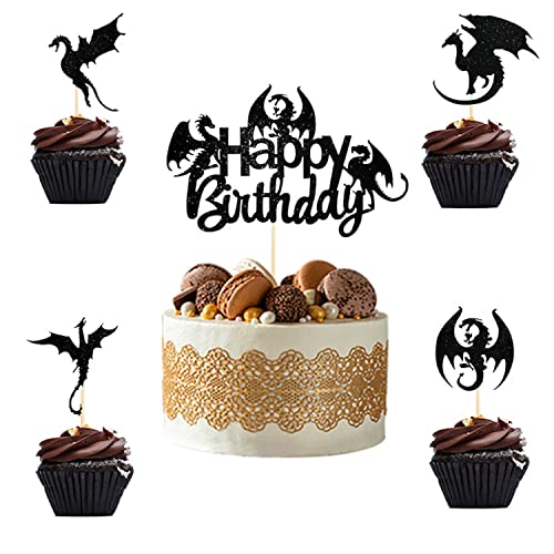 25 Stück Schwarzer Drache Alles Gute zum Geburtstag Glitter Cake Topper,Babydusche Cupcake Toppers,Schwarzer Drache Party dekoration,Geburtstagsparty Dekorationen Cocktails Obst Sticks,Cupcake Toppers von mciskin