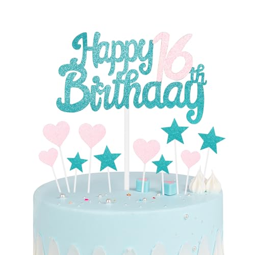 Blau Rosa 16 Geburtstag Kuchen Topper Mädchen 16 Geburtstag Dekorationen Glitzer Herz Sterne Kuchen Topper Personalisierte Happy Birthday Kuchen Cupcake Topper für Frauen Mädchen Baby Geburtstag Party von mciskin