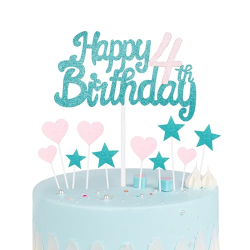 Blau Rosa 4. Geburtstag Kuchen Topper Mädchen 4. Geburtstag Dekorationen Glitzer Herz Sterne Kuchen Topper Personalisierte Happy Birthday Kuchen Cupcake Topper für Frauen Mädchen Baby Geburtstag Party von mciskin