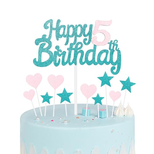 Blau Rosa 5. Geburtstag Kuchen Topper Mädchen 5 Geburtstag Dekorationen Glitzer Herz Sterne Kuchen Topper Personalisierte Happy Birthday Kuchen Cupcake Topper für Frauen Mädchen Baby Geburtstag Party von mciskin