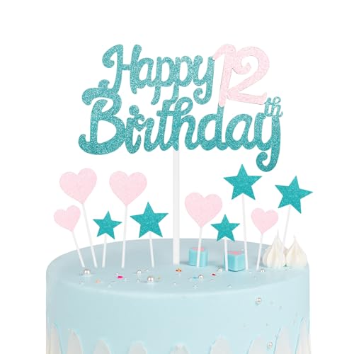 Blau-rosa Tortenaufsatz zum 12. Geburtstag, Dekoration für Mädchen zum 12. Geburtstag, glitzernde Herz-Sterne, Kuchenaufsätze, personalisierbar, Happy Birthday-Kuchen-Cupcake-Topper für Frauen, von mciskin