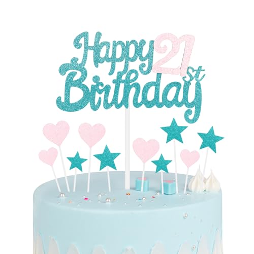 Blau-rosa Tortenaufsatz zum 21. Geburtstag, Dekoration für Mädchen zum 21. Geburtstag, Glitzer-Herz-Stern-Kuchenaufsätze, personalisierbar, Happy Birthday-Kuchen-Cupcake-Topper für Frauen, Mädchen, von mciskin