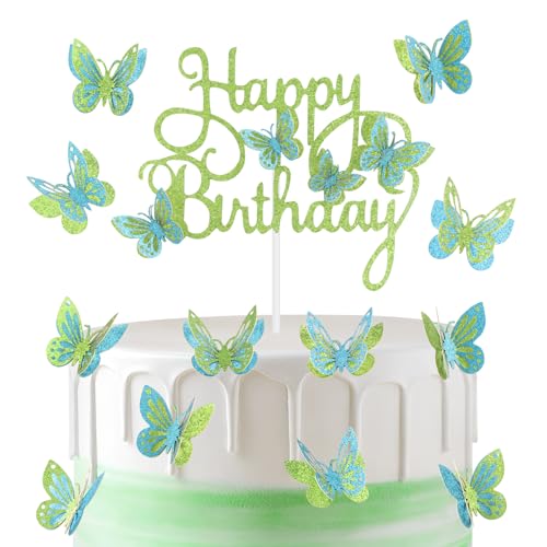 Glitzer Schmetterling Geburtstag Kuchen Toppers Grün Schmetterling Kuchen Dekorationen Blau Schmetterling Happy Birthday Kuchen Cupcake Toppers Schmetterling Thema Kuchen Topper für Mädchen Jungen von mciskin