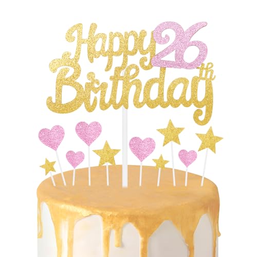 Gold Rosa 26 Geburtstag Kuchen Topper Mädchen 26 Geburtstag Dekorationen Glitzer Herz Sterne Kuchen Topper Personalisierte Happy Birthday Kuchen Cupcake Topper für Frauen Mädchen Baby Geburtstag Party von mciskin