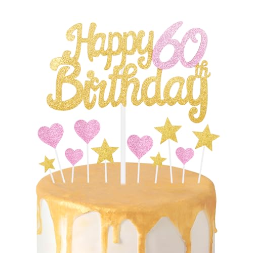 Gold Rosa 60 Geburtstag Kuchen Topper Mädchen 60 Geburtstag Dekorationen Glitzer Herz Sterne Kuchen Topper Personalisierte Happy Birthday Kuchen Cupcake Topper für Frauen Mädchen Baby Geburtstag Party von mciskin