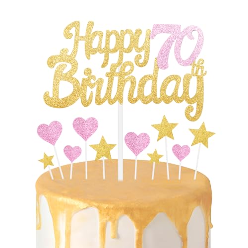 Gold Rosa 70 Geburtstag Kuchen Topper Mädchen 70 Geburtstag Dekorationen Glitzer Herz Sterne Kuchen Topper Personalisierte Happy Birthday Kuchen Cupcake Topper für Frauen Mädchen Baby Geburtstag Party von mciskin