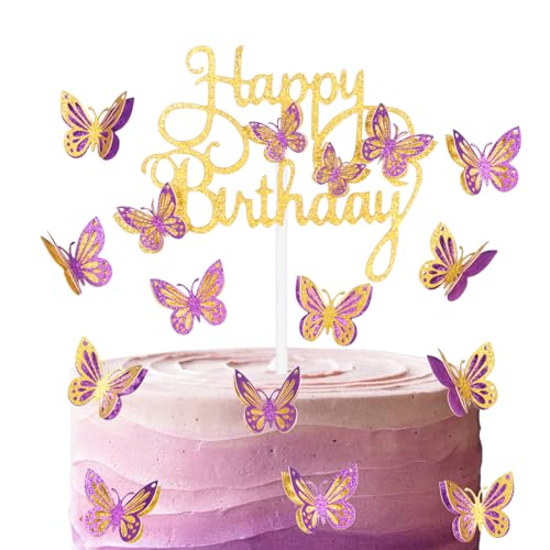 Gold Schmetterling Happy Birthday Cake Toppers Gold Lila Schmetterling Kuchen Topper für Kuchen Glitzer Schmetterling Kuchen Dekorationen Schmetterling Thema Kuchen Cupcake Topper für Mädchen Frauen von mciskin