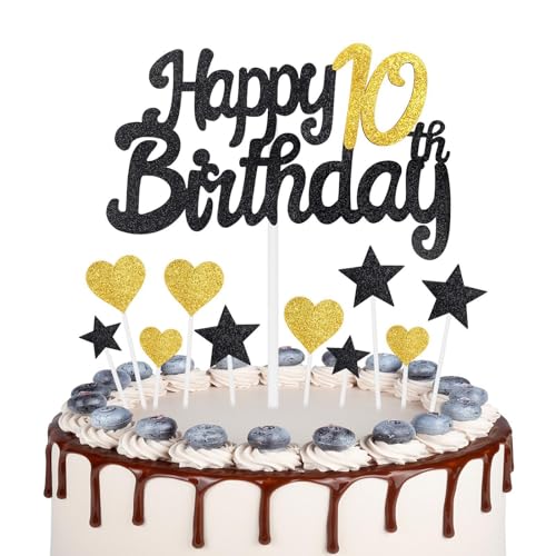 Gold Schwarz 10 Geburtstag Kuchen Topper Mädchen 10 Geburtstag Dekorationen Gold Herz Sterne Kuchen Topper Personalisierte Happy Birthday Kuchen Cupcake Topper für Frauen Männer Mädchen Jungen von mciskin