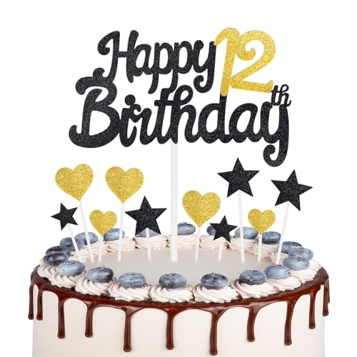 Gold Schwarz 12 Geburtstag Kuchen Topper Mädchen 12 Geburtstag Dekorationen Gold Herz Sterne Kuchen Topper Personalisierte Happy Birthday Kuchen Cupcake Topper für Frauen Männer Mädchen Jungen von mciskin