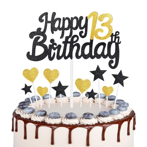 Gold Schwarz 13 Geburtstag Kuchen Topper Mädchen 13 Geburtstag Dekorationen Gold Herz Sterne Kuchen Topper Personalisierte Happy Birthday Kuchen Cupcake Topper für Frauen Männer Mädchen Jungen von mciskin