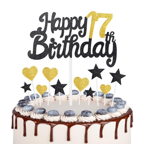 Gold Schwarz 17 Geburtstag Kuchen Topper Mädchen 17 Geburtstag Dekorationen Gold Herz Sterne Kuchen Topper Personalisierte Happy Birthday Kuchen Cupcake Topper für Frauen Männer Mädchen Jungen von mciskin