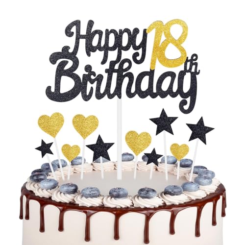 Gold Schwarz 18 Geburtstag Kuchen Topper Mädchen 18 Geburtstag Dekorationen Gold Herz Sterne Cake Toppers Personalisierte Happy Birthday Kuchen Cupcake Toppers für Frauen Männer Mädchen Jungen von mciskin