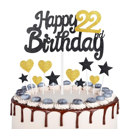 Gold Schwarz 22 Geburtstag Kuchen Topper Mädchen 22 Geburtstag Dekorationen Gold Herz Sterne Cake Toppers Personalisierte Happy Birthday Kuchen Cupcake Topper für Frauen Männer Mädchen Jungen von mciskin