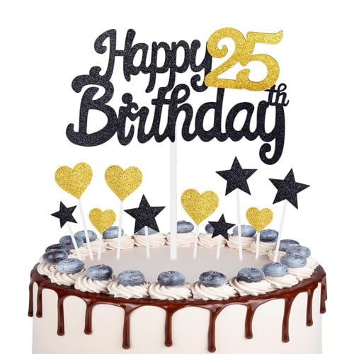 Gold Schwarz 25 Geburtstag Kuchen Topper Mädchen 25 Geburtstag Dekorationen Gold Herz Sterne Cake Topper Personalisierte Happy Birthday Kuchen Cupcake Topper für Frauen Männer Mädchen Jungen von mciskin