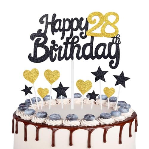 Gold Schwarz 28 Geburtstag Kuchen Topper Mädchen 28 Geburtstag Dekorationen Gold Herz Sterne Cake Toppers Personalisierte Happy Birthday Kuchen Cupcake Toppers für Frauen Männer Mädchen Jungen von mciskin