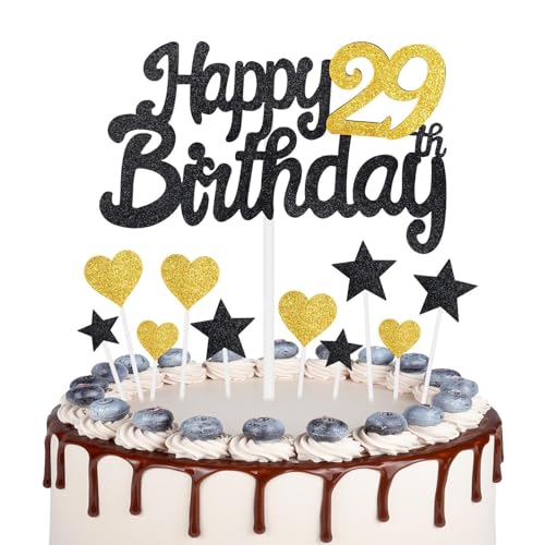 Gold Schwarz 29 Geburtstag Kuchen Topper Mädchen 29 Geburtstag Dekorationen Gold Herz Sterne Cake Toppers Personalisierte Happy Birthday Kuchen Cupcake Toppers für Frauen Männer Mädchen Jungen von mciskin