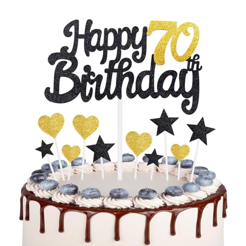 Gold Schwarz 70 Geburtstag Kuchen Topper Mädchen 70 Geburtstag Dekorationen Gold Herz Sterne Cake Toppers Personalisierte Happy Birthday Kuchen Cupcake Toppers für Frauen Männer Mädchen Jungen von mciskin