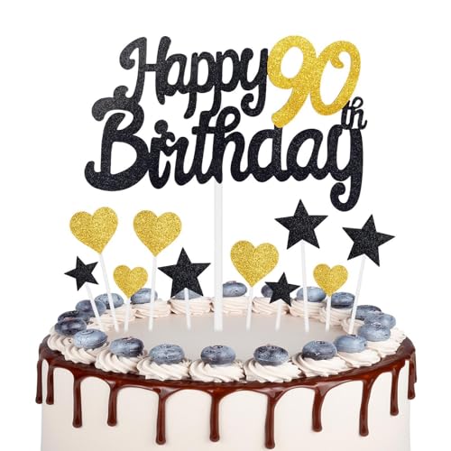 Gold Schwarz 90 Geburtstag Kuchen Topper Mädchen 90 Geburtstag Dekorationen Gold Herz Sterne Cake Toppers Personalisierte Happy Birthday Kuchen Cupcake Toppers für Frauen Männer Mädchen Jungen von mciskin