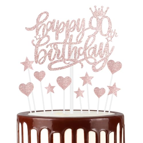 Happy 90th Birthday Cake Toppers, Rose Gold Cake Cupcake Toppers for Cake, Glitter Heart Stars Cake Toppers, Birthday Gift, Personalised Cake Toppers for Women Girls 90th Birthday Cake Decorations von mciskin