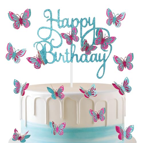 Lila Blau Happy Birthday Cake Toppers Blau Lila Schmetterling Kuchen Topper für Kuchen Glitzer Schmetterling Kuchen Dekorationen Schmetterling Thema Kuchen Cupcake Topper für Mädchen Frauen Geburtstag von mciskin