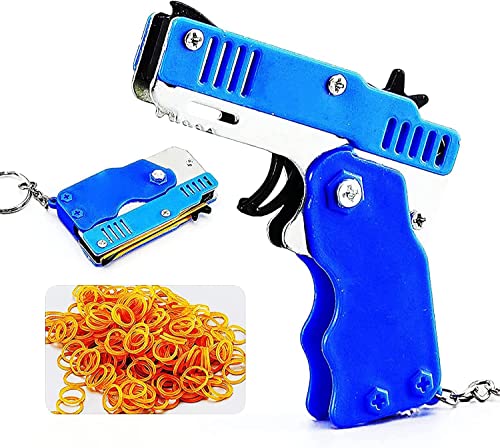 Mini-Gummibandpistole aus Metall,klappbar,6-Schuss mit Schlüsselanhänger und 60+ Gummibändern,Gummibandpistole Mini Metal Folding Schlüsselbund für Schießspiel Outdoor-Aktivitäten für Kinder (blau) von mciskin