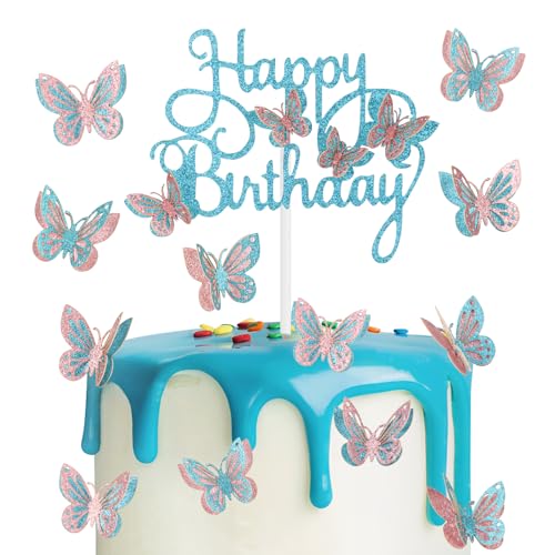 Pink Blue Butterfly Birthday Cake Toppers, Pink Butterfly Cake Decorations, Butterfly Happy Birthday Cake Cupcake Toppers, Butterfly Theme Cake Cupcake Toppers for Girls Birthday Party Decorations von mciskin