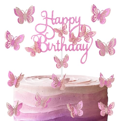 Rose Pink Happy Birthday Cake Toppers, Hot Pink Butterfly Cake Toppers for Cake, Glitter Pink Butterfly Cake Decorations, Butterfly Theme Cake Cupcake Toppers for Girls Women Birthday Decorations von mciskin