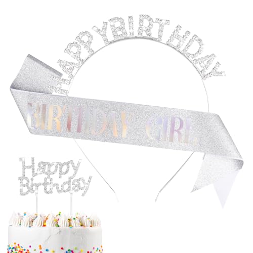 Silberfarbene Geburtstagsschärpe und Tiara, Kristall-Geburtstagskuchenaufsätze, Happy Birthday, Strass-Krone, Stirnband, Geburtstagsgeschenk für sie, Geburtstagsgeschenke, Geburtstags-Tiara-Schärpe von mciskin