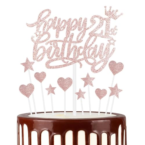Tortenaufsätze "Happy 21st Birthday", Roségold, Kuchen-Cupcake-Topper für Kuchen, glitzerndes Herz, Sterne, Kuchenaufsätze, Geburtstagsgeschenk, personalisierte Kuchendekorationen für Frauen und von mciskin