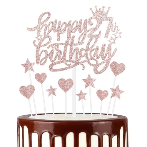 Tortenaufsätze "Happy 27th Birthday", Roségold, Kuchen-Cupcake-Topper für Kuchen, glitzerndes Herz, Sterne, Kuchenaufsätze, Geburtstagsgeschenk, personalisierte Kuchendekorationen für Frauen und von mciskin