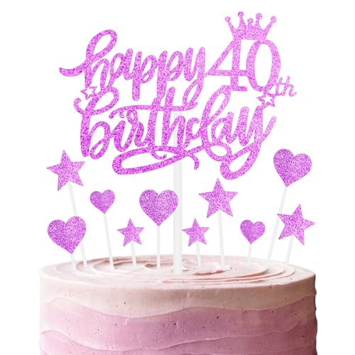 Tortenaufsätze "Happy 40th Birthday", Hot Pink Kuchen Cupcake Topper für Kuchen, Glitzer Herz Sterne Cake Topper, Geburtstagsgeschenk, personalisierte Kuchendekorationen für Frauen Mädchen 40. von mciskin