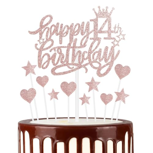 Tortenaufsätze zum 14. Geburtstag, Roségold, Kuchendekoration für Kuchen, glitzerndes Herz, Sterne, Kuchenaufsätze, Geburtstagsgeschenk, personalisierte Kuchendekorationen für Frauen und Mädchen, 14. von mciskin