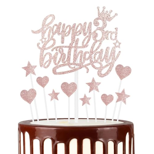 Tortenaufsätze zum 3. Geburtstag, Roségold, 11 Stück, glitzernde Herz-Sterne, Kuchenaufsätze, Geburtstagsgeschenk, personalisierter Tortenaufsatz für Mädchen, Babys, 3. Geburtstag, Kuchendekorationen von mciskin