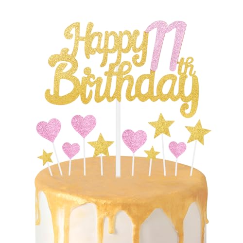 Tortenaufsatz zum 11. Geburtstag, goldfarben, rosa, glitzernde Herz-Sterne, Kuchenaufsätze, personalisierbar, Happy Birthday-Kuchen-Cupcake-Topper für Frauen, Mädchen, Baby-Geburtstagsparty-Zubehör von mciskin